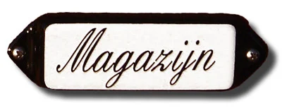 Emaille tekstbordje met 'oor'. 8x3 cm. Lettertype Sierschrift. Tekst: Magazijn