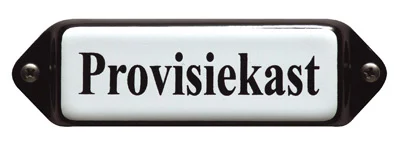 Emaille tekstbordje met 'oor'. 8x3 cm. Lettertype Times. Tekst: Provisiekast