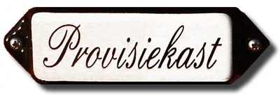 Emaille tekstbordje met 'oor'. 8x3 cm. Lettertype Sierschrift. Tekst: Provisiekast