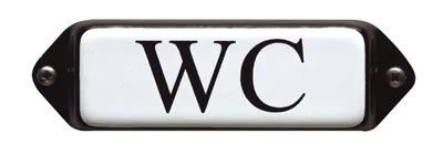 Emaille tekstbordje met 'oor'. 8x3 cm. Lettertype Times. Tekst: WC