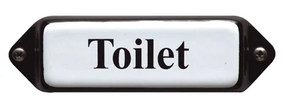 Emaille tekstbordje met 'oor'. 8x3 cm. Lettertype Times. Tekst: Toilet