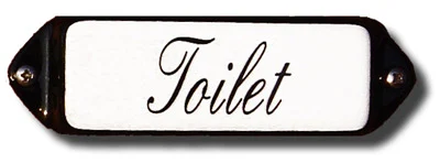 Emaille tekstbordje met 'oor'. 8x3 cm. Lettertype Sierschrift. Tekst: Toilet