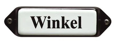 Emaille tekstbordje met 'oor'. 8x3 cm. Lettertype Times. Tekst: Winkel