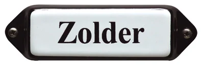 Emaille tekstbordje met 'oor'. 8x3 cm. Lettertype Times. Tekst: Zolder