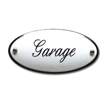 Emaille tekstbordje ovaal 10x5 cm. Lettertype Sierschrift. Tekst Garage