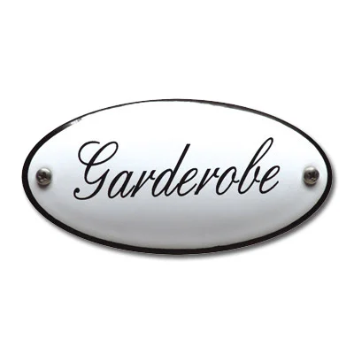 Emaille tekstbordje ovaal 10x5 cm. Lettertype Sierschrift. Tekst Garderobe