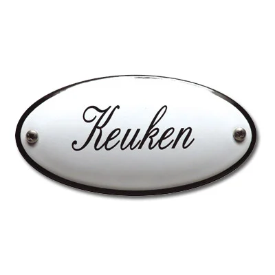 Emaille tekstbordje ovaal 10x5 cm. Lettertype Sierschrift. Tekst Keuken