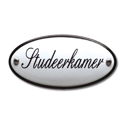 Emaille tekstbordje ovaal 10x5 cm. Lettertype Sierschrift. Tekst Studeerkamer