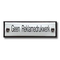 Emaille tekstbordje rechthoek 8x2,5 cm. Lettertype strak. Tekst Geen Reklamedrukwerk