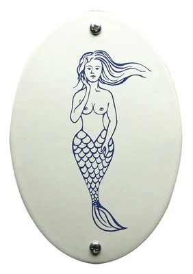Zeemeermin emaille toiletbordje.Ovaal 8x11,5 cm gebold