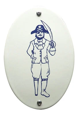 Piraat toiletbordje van emaille. Ovaal 8x11,5 cm