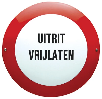 Emaille bord "UITRIT VRIJLATEN" Rond 30 cm. Wit/Rood/Zwart