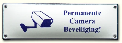Emaille bord PERMANENTE CAMERA BEVEILIGING Wit/Blauw 22x7 cm
