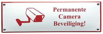 Emaille bord PERMANENTE CAMERA BEVEILIGING Wit/Rood 22x7 cm