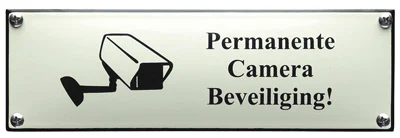 Emaille bord PERMANENTE CAMERA BEVEILIGING Wit/Zwart 22x7 cm