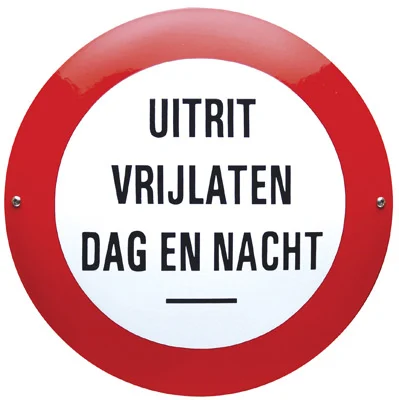 Emaille bord Uitrit vrijlaten dag en nacht. Rond 30 cm. Wit/Rood/Zwart