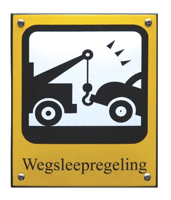 Geëmailleerd bord WEGSLEEPREGELING 16x19 cm Wit/Geel/Zwart