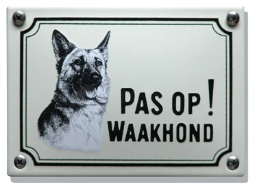 Pas op! Waakhond Herdershond. Emaille bordje (klein) 14x10 cm