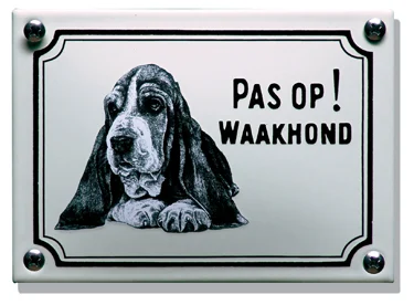 Pas op! Waakhond Hushpuppy. Emaille bordje (klein) 14x10 cm