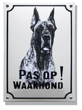 Pas op! Waakhond Deense dog. Emaille bord (groot) 20x30 cm