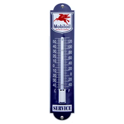 Mobil Oil thermometer van emaille. 6,5x30 cm. Type TM-12